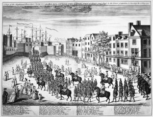 Black and White print of the arrival or the mutineers at the Tower of London (1743)